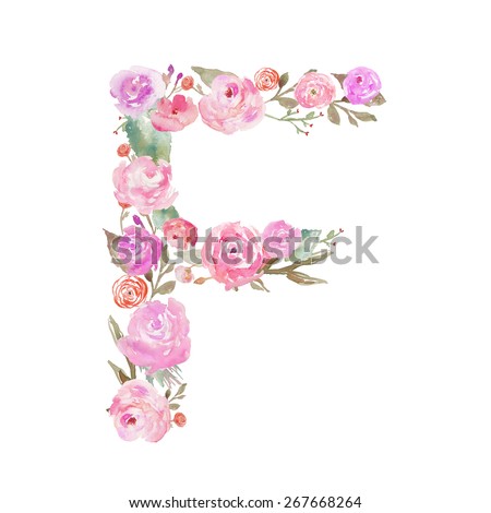 Watercolor Floral Monogram Letter F Made of Flowers