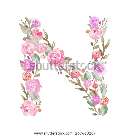 Watercolor Floral Monogram Letter N on Isolated White Background. Alphabet Letter N Made of Flowers