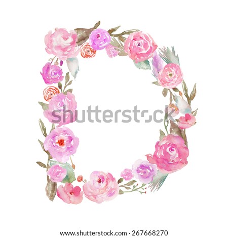 Watercolor Floral Monogram Letter D. Decorative Letter Watercolor Flower Alphabet