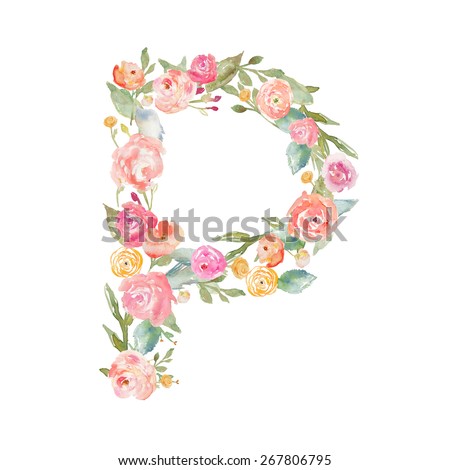 Floral Watercolor Flower Monogram Letter. Monogram Letter P. Flower Letter P