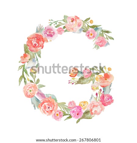 Floral Watercolor Flower Monogram Letter G. Floral ABC Letters