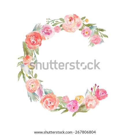 Floral Watercolor Flower Monogram Letter C Made of Flowers. Flower ABCS
