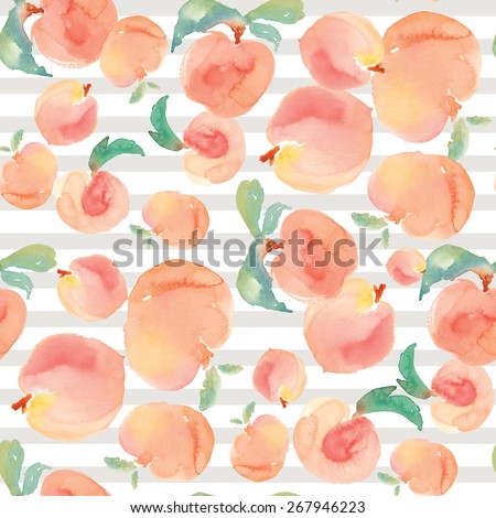 Watercolor Peaches Pattern Background. Peach Pattern Background. Watercolor Fruit Background