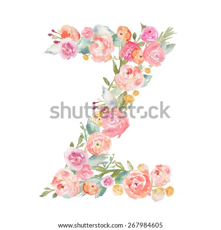 Watercolor Flower Alphabet Letter Z. Monogram Letter Z Made of Flowers
