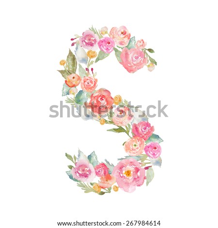 Watercolor Flower Alphabet. Monogram Letter S Made of Flowers