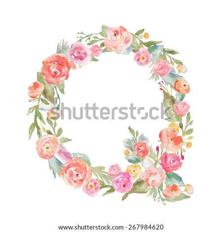Watercolor Flower Alphabet Letter Q. Monogram Letter Q Made of Flowers