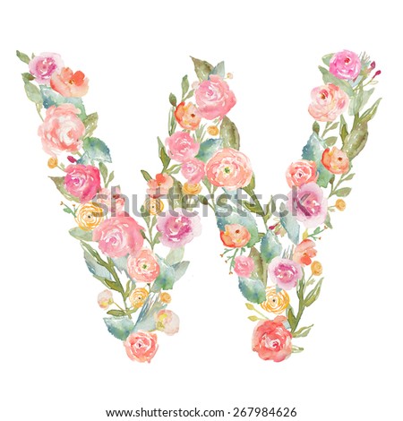 Watercolor Flower Alphabet. Monogram Letter W Made of Flowers. Monogram W