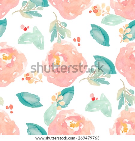 Cute Watercolor Floral Pattern With Painted Peony Flowers and Leaves. Watercolor Flower Background Pattern