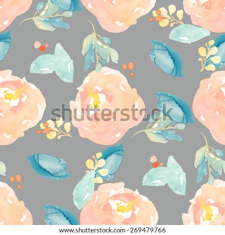 Watercolor Peony Pattern With Painted Peony Flowers and Leaves. Repeating Watercolor Floral Pattern