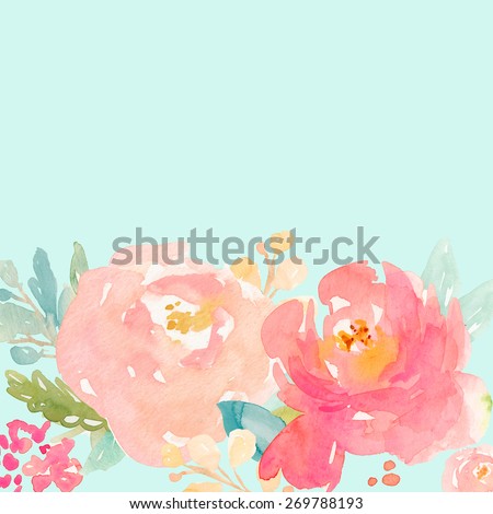 Watercolor Peony Background With Flowers and Leaves. Mint Green. Modern Watercolor Flowers Background