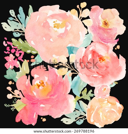 Watercolor Peony Background With Flowers and Leaves. Modern Watercolor Flower Background