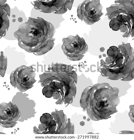 Black and White Flower Pattern. Black and White Watercolor Flower Pattern. Watercolour Flower Pattern