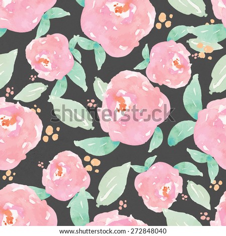 Black and Pink Watercolour Floral Pattern. Watercolor Flower Pattern Background. Repeating Flower Pattern