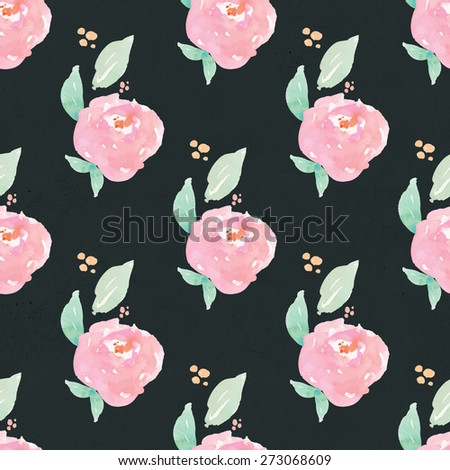 Shabby Chic Pink and Black Flower Pattern. Watercolour Floral Pattern Background