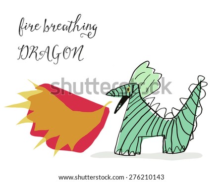 Kids Art Dragon Drawing With Dragon Breathing Fire. Childs Dragon Art. Dragon Artwork Childs Drawing