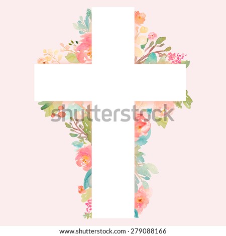 Cross With Flowers. Watercolor Flower Cross. Cross Outlined With Watercolor Floral Elements. Pink Christian Cross. Easter Cross