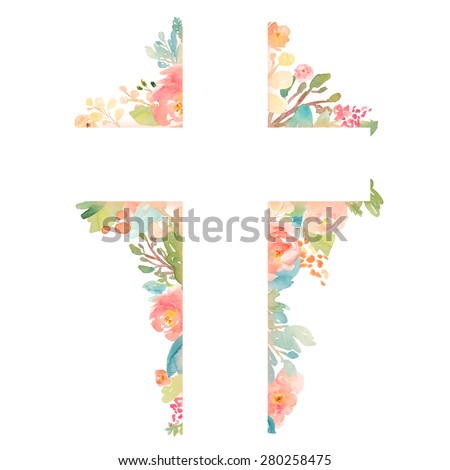 Cross With Flowers. Watercolor Flower Cross. Watercolor Easter Cross. Easter Christian Cross With Watercolour Flowers. Watercolor Cross