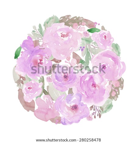 Purple Watercolor Floral Circle. Watercolor Flower Round Design. Watercolor Flower Circle Design