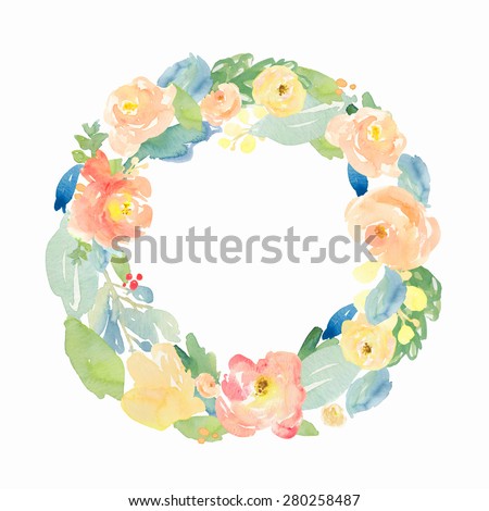 Round Watercolour Wreath. Floral Watercolour Wreath. Circle Watercolor Flower Wreath. Round Watercolor Frame With Flowers