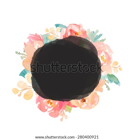 Round Circle Watercolour Frame. Black Watercolor Floral Frame. Watercolor Flower Frame Hand Painted