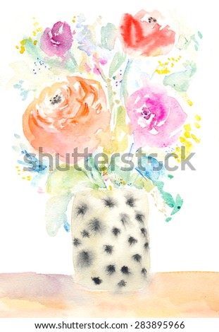 Painted Watercolor Flowers in Polka Dotted Vase. Watercolor Flower Still Life Painting. Watercolor Still Life Painting of Flowers in Vase. Watercolor Painting.