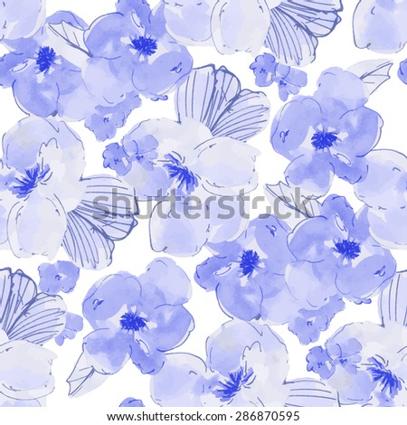 Blue Watercolor Flower Pattern. Blue Watercolour Floral Pattern. Modern Pattern