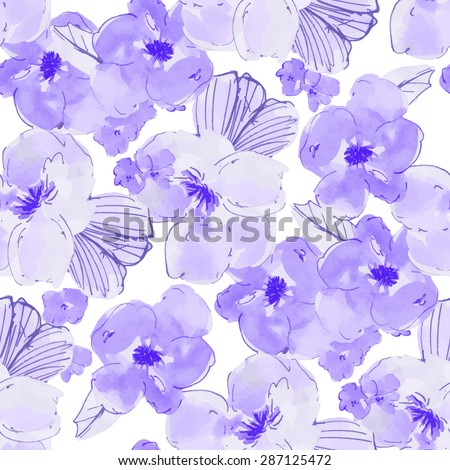 Bright Purple Watercolor Flower Pattern. Seamless Watercolor Pattern With Purple Flowers
