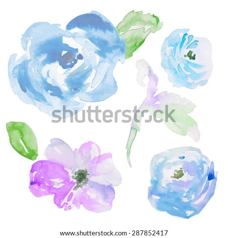 Hand Painted Watercolor Flowers and Leaves