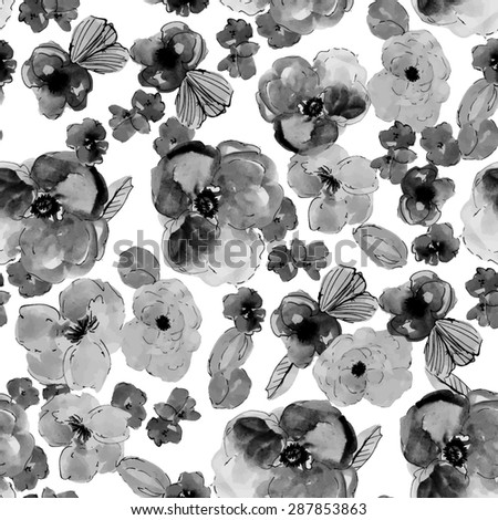 Black and White Flower Pattern. Painted Floral Pattern. Modern Flower Pattern