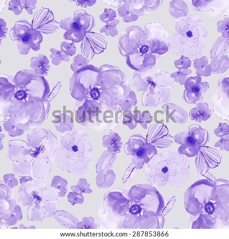 Modern Purple Watercolor Flowers Pattern. Repeating Purple Floral Pattern