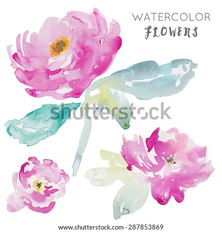 Hand Painted Watercolor Flowers With Watercolor Leaves