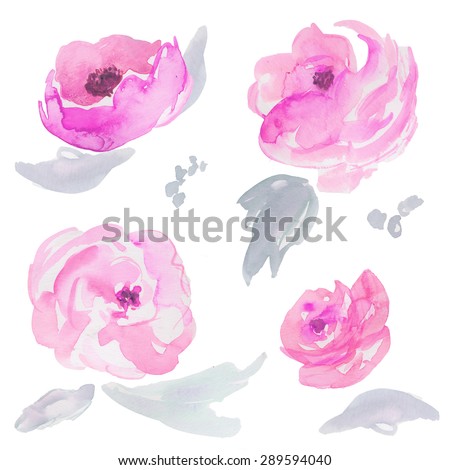 Hand Painted Pink Watercolor Flower Clip Art. Isolated Watercolor Flower and Leaves.