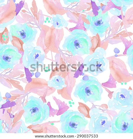 Neon Modern Watercolor Flower Pattern. Teal Blue Floral