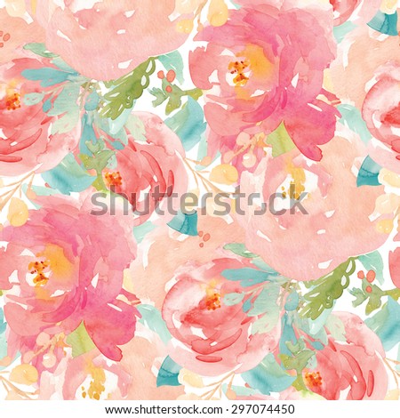 Repeating Pink Watercolor Floral Pattern. Tropical Flower Pattern. Floral Background Pattern