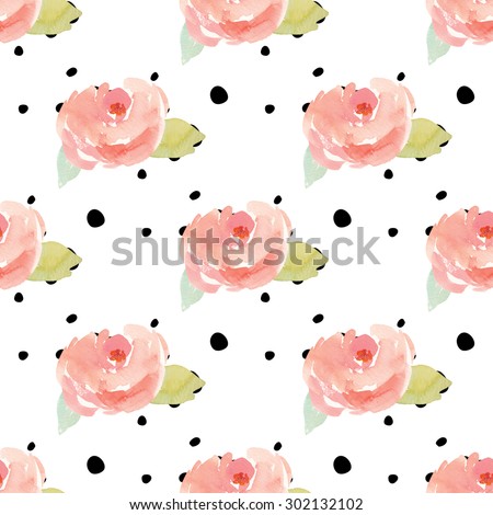 Cute Chic Rose Pattern. Shabby Chic Vintage Rose Pattern With Polka Dots