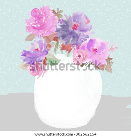 Still Life Watercolor Flowers in Vase Artwork. Watercolor Flower Still Life Painting