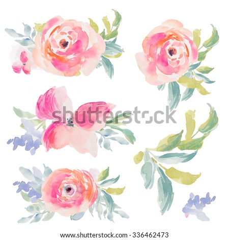 Watercolor Flowers With Watercolor Leaves and Laurels. Watercolor Bouquets