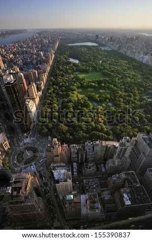 Aerial view of Central Park and Columbus Circle, Manhattan, New York; Park is surrounded by skyscraper