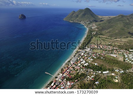 2011. Mar. The aerial view of Diamond Rock, the landmark of the island, and south west coast of Martinique, Caribbean Island