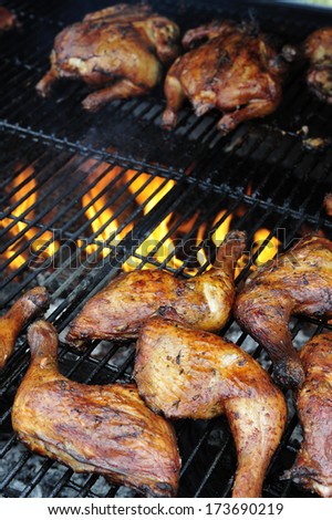 Barbecued chicken pieces with Caribbean jerk marinade, Caribbean food, Martinique