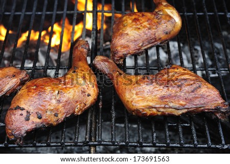 Barbecued chicken pieces with Caribbean jerk marinade, Caribben food, Martinique