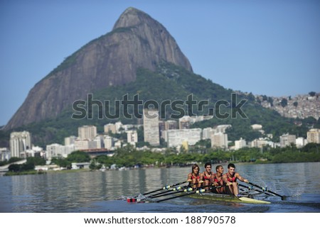 Rio de Janeiro, RJ, Brazil-April 11, 2010: Lagoon is the famous inland water connected to Atlantic Ocean, mecca for aquatic sports such as rowing. Surrounding is known for the wealthy residential area