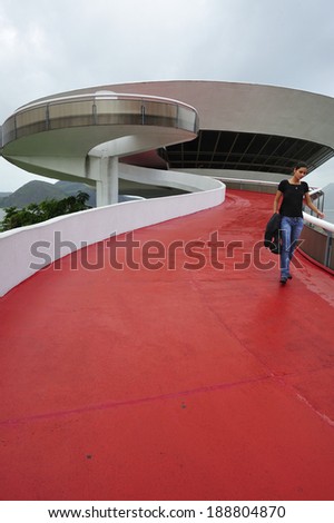 Rio de Janeiro, RJ, Brazil-April 9, 2010: Oscar Niemeyer\'s Niteroi Contemporary Art Museum, one of the masterpiece of modern architecture, built in 1996
