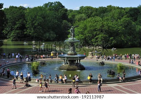 New York City, NY, USA - July 14 2009: Angels of the Water Fountain at Bethesda Terrace in Central Park, Manhattan