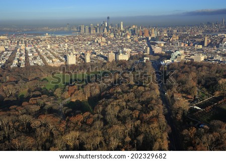 Aerial view of Prospect Park and downtown Brooklyn, New York