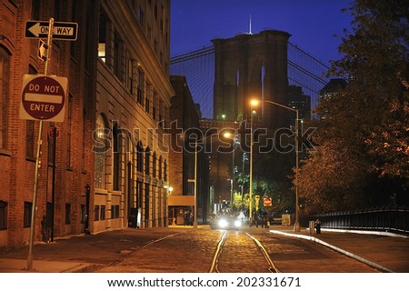An cobblestone street in DUMBO with Brooklyn Bridge, Brooklyn, New York