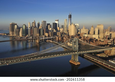Aerial view of Lower Manhattan, Brooklyn Bridge, Manhattan Bridge, New York