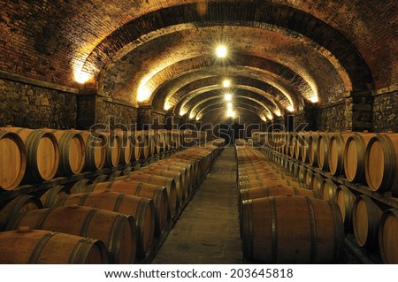 Wine barrels stacked in a cellar.