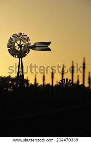 Lubbock, Texas, USA, - April. 1. 2012: Silhouette of windmills at American Wind Power Center, the museum displaying various windmills, Lubbock, Texas