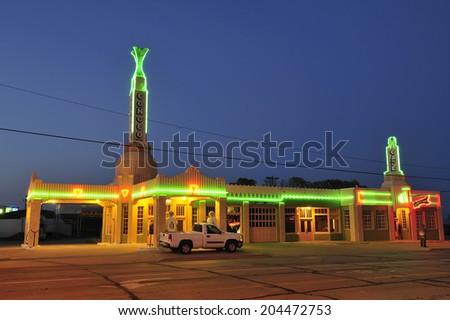 Shamrock, Texas, USA - March. 28. 2012: Historic U-Drop Inn, former diner built in 1936 along historic Route 66 with art deco architecture, appeared as the shop image in animated film Cars in 2006